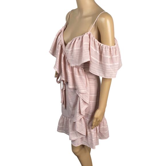 Wayf Elise Pink Stripe Ruffle Cold Shoulder Wrap Dress SZ XS - Picture 6 of 10